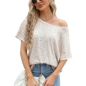Sequin Top Short Sleeve Party Sparkle Blouse Evening Cocktail Shirt‎ XL NWT